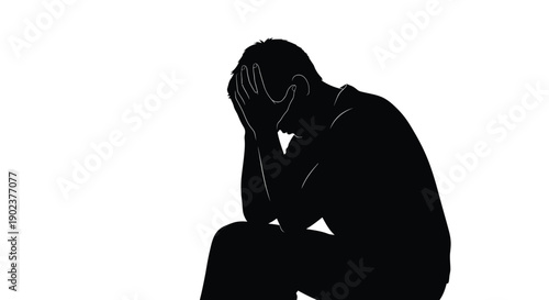Silhouette illustration of a man overwhelmed by distress sitting alone with hands covering his head