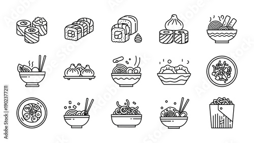 Culinary Delights: Array of line art illustrations, depicting an assortment of delectable cuisine items. Focus on the artful representation of food, each element meticulously detailed.