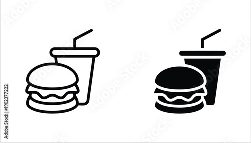 Burger and drink combo icon set outline and solid black