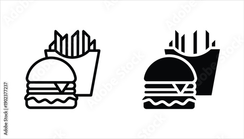 Burger and french fries fast food meal icon set outline and solid black