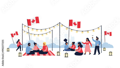 Illustration of people gathered outdoors with Canadian flags and string lights on a clear day.