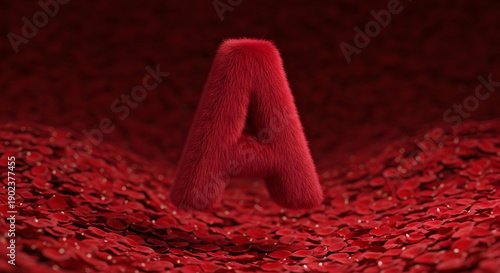 Fuzzy red letter a floats above undulating blanket of deep red rose petals symbol of love and romance