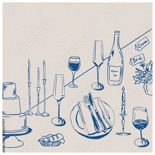 Vector illustration of tablescape with glasses, wine and candles, cake and bread. Line art of dinner table. Hand drawn sketch of table setting for invitation design, branding, stationery, printables, 