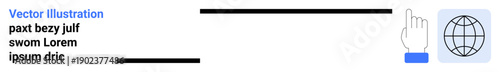 Global access, digital communication, online engagement, connectivity, interface design, user interaction. A hand pointing toward a globe icon. Global access and digital communication concept