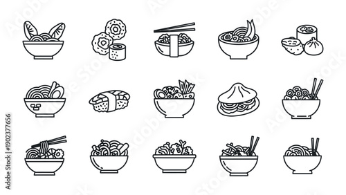 Culinary Assortment: A diverse array of meticulously drawn bowls showcase an assortment of delightful cuisine, each a unique representation of gastronomy's finest flavors. 