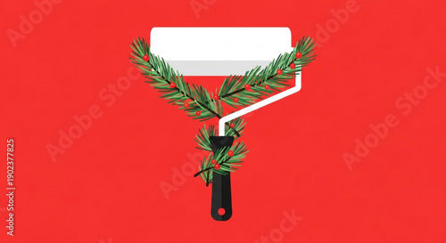 Christmas tree branches wrapped around paint roller on red background festive home decor holiday season concept