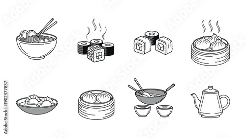 Culinary Selection of Asian Cuisine: A delightful array of traditional Asian dishes, each meticulously illustrated in a clean, minimalist style.