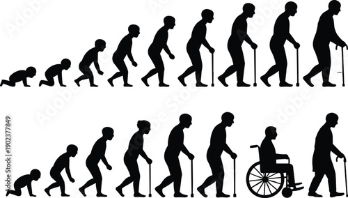 Black silhouettes of human evolution from crawling to using a wheelchair in two rows