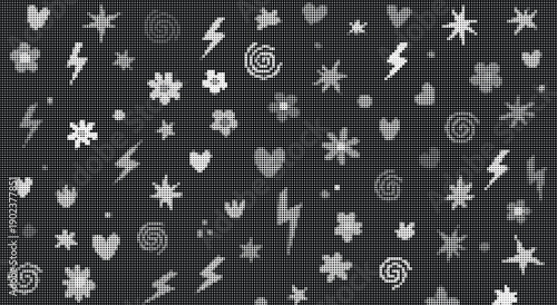 Black and white halftone pattern of scattered abstract shapes and symbols dots