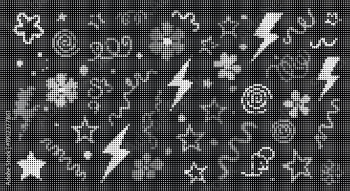 Black and white halftone pattern of scattered abstract shapes and symbols