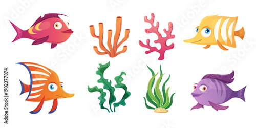 Cartoon underwater fish, bright coral and seaweed from ocean with marine seabed life. Cute tropical fantasy animal world. Vibrant colorful undersea elements collection for playful aquarium design.
