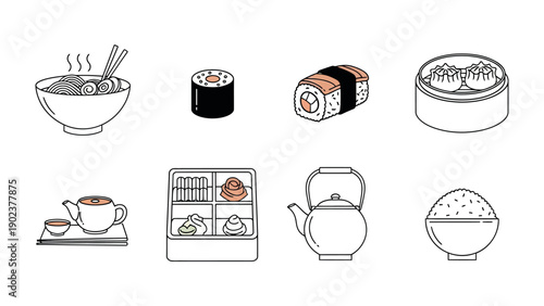 Elegant Culinary Delights: A collection of exquisite illustrations showcases the diverse and delightful world of traditional Asian cuisine.