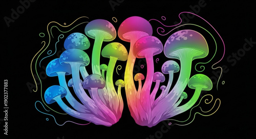 Vibrant rainbow mushrooms illustration with neon glow on black background mystical fungi cluster with gradient colors and swirling lines