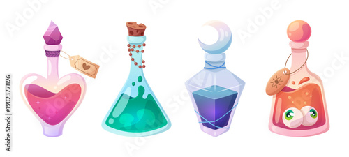Glass potion flasks filled with mystical liquids for game UI, witch apothecary scenes or magical alchemy projects. Vibrant bottles with enchanting elixir designs. Sorcerer toxic elixir with cork set.