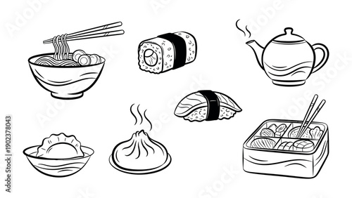 Japanese Cuisine Illustration: An array of delightful Japanese culinary icons are showcased in an artistic drawing, presenting a minimalist outline, revealing each dish's charm.