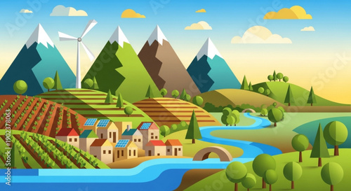 Sustainable landscape with wind turbines river farm fields and village under a sunny mountain range with snow capped peaks