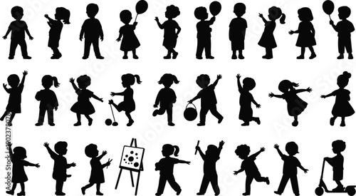 Silhouettes of children engaged in various activities and holding different on a white background