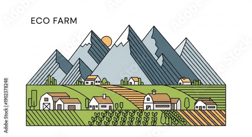 Sustainable eco farm landscape with rolling hills mountains and farmhouses in a serene natural setting