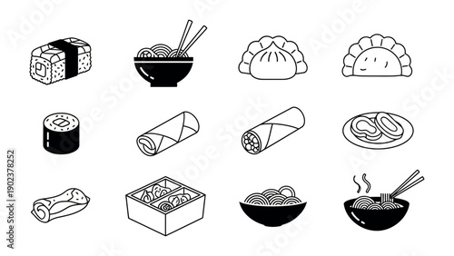 Culinary Collection: A minimalistic illustration showcases a diverse array of Asian culinary delights, from sushi rolls and spring roll to dumplings and noodle dishes.