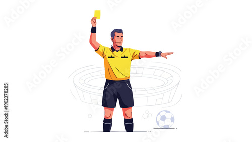 Illustration of a soccer referee holding a yellow card and gesturing with an outstretched arm against a white background with a stadium and soccer ball.