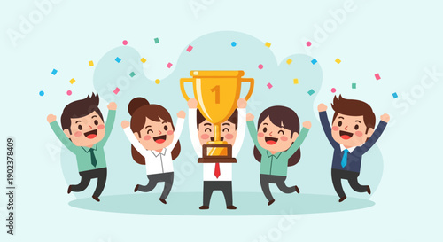 Group of people celebrating with a trophy and confetti.