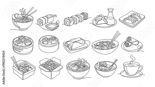 Asian Cuisine Delights: An artistic illustration captures the essence of Asian cuisine, showcasing a variety of delicious dishes, from savory sushi rolls to delectable dim sum.