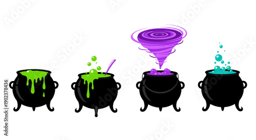 Four black cauldrons with colorful bubbling liquids and a swirling purple potion.