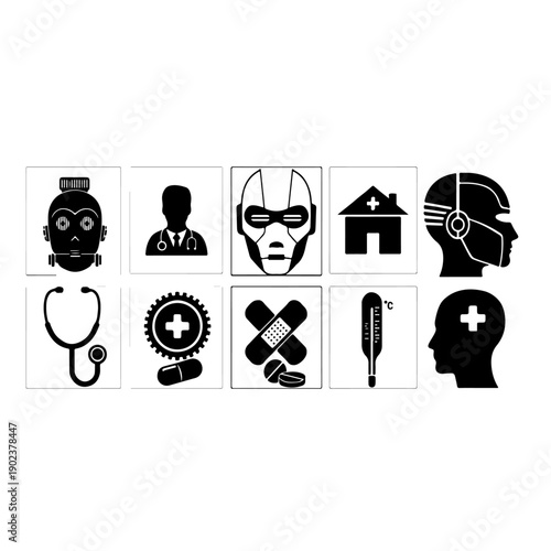 Iconic symbols representing various professions and medical services