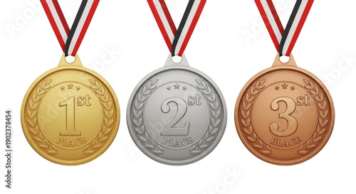 Three medals with ribbons, gold, silver, and bronze, on white background.