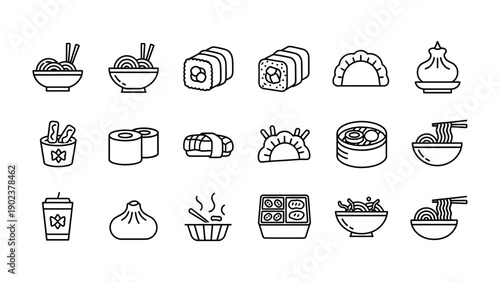 Asian Culinary Delights: An array of meticulously illustrated line drawings showcases the diverse tapestry of Asian cuisine, featuring a delectable selection of iconic dishes