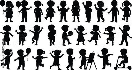 Silhouettes of children in various playful and creative activities against a white background black