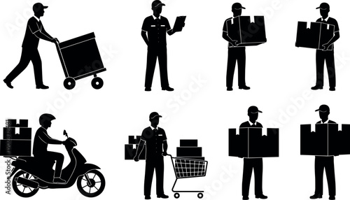 Delivery Service Silhouette Set Featuring Couriers Carrying Boxes Using Hand Trucks Scooters And Carts For Logistics And Shipping Industry Concept