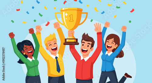 Group of people celebrating with a trophy and confetti.