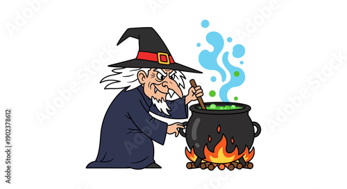 Cartoon wizard stirring a magical potion in a bubbling cauldron.