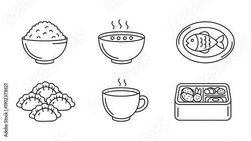 Culinary Delights: A set of illustrated dishes, including rice in a bowl, soup, fish, dumplings, tea and a bento box. This image depicts a variety of foods.
