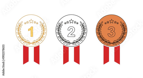 Three medals with red ribbons ranked first second third.