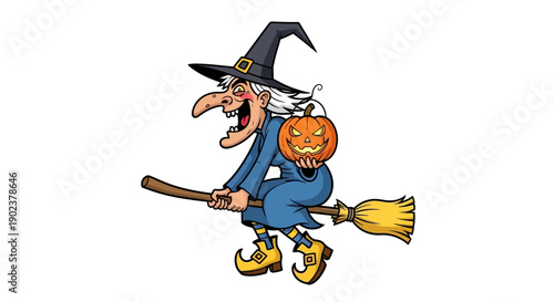 Cartoon witch flying on a broomstick with a pumpkin.