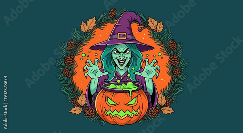 Halloween illustration of a witch with a pumpkin.
