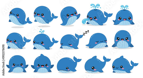Collection of Cartoon Whale Emoticons Showing Various Emotions and Actions.