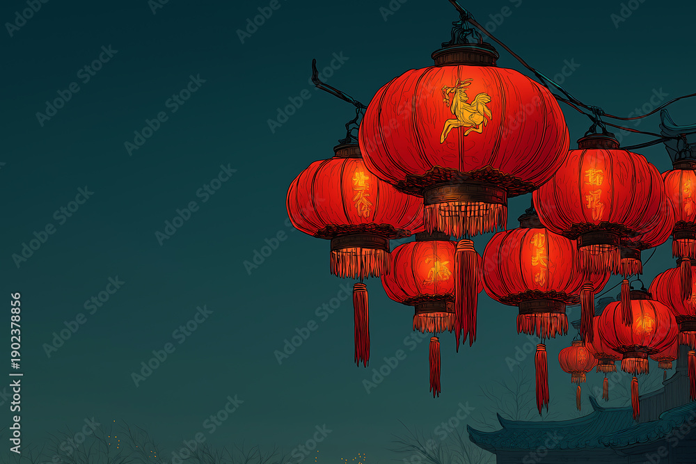 Obraz premium A cluster of vibrant red lanterns hanging against a dark blue evening sky