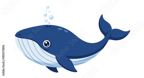 Blue cartoon whale illustration with bubbles on white background.