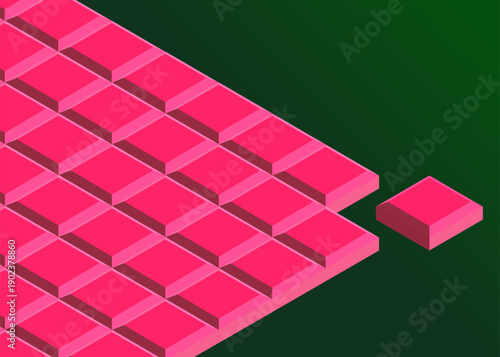 Bright Pink Chocolate Bar in Isometric View on Dark Green Background
