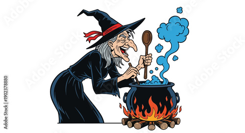 Witch stirring a bubbling cauldron with a wooden spoon.