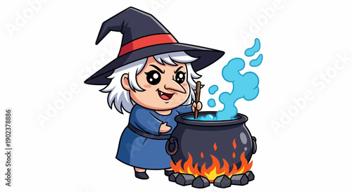 Cartoon witch stirring a magical potion in a cauldron.