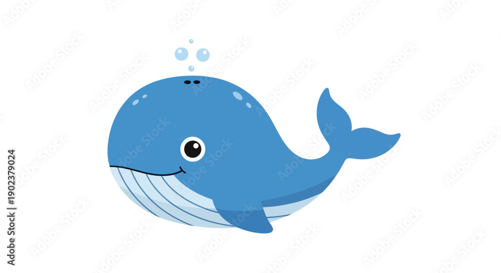 Obraz premium A cartoon blue whale with a friendly expression swimming in the ocean.
