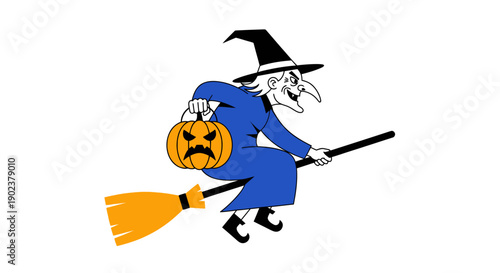 A cartoon witch flying on a broomstick with a pumpkin.