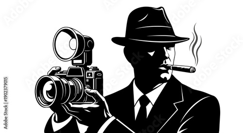 Silhouette of a stylish photographer with camera and cigar