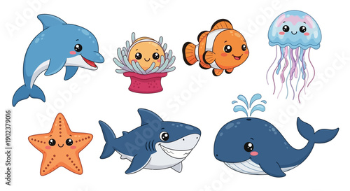 Colorful cartoon marine life illustration featuring various sea creatures.