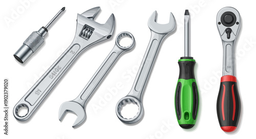 Assorted hand tools including wrenches and screwdrivers on white background.