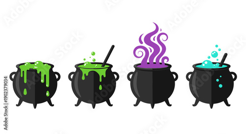 Four black cauldrons with different colored bubbling liquids and spoons.